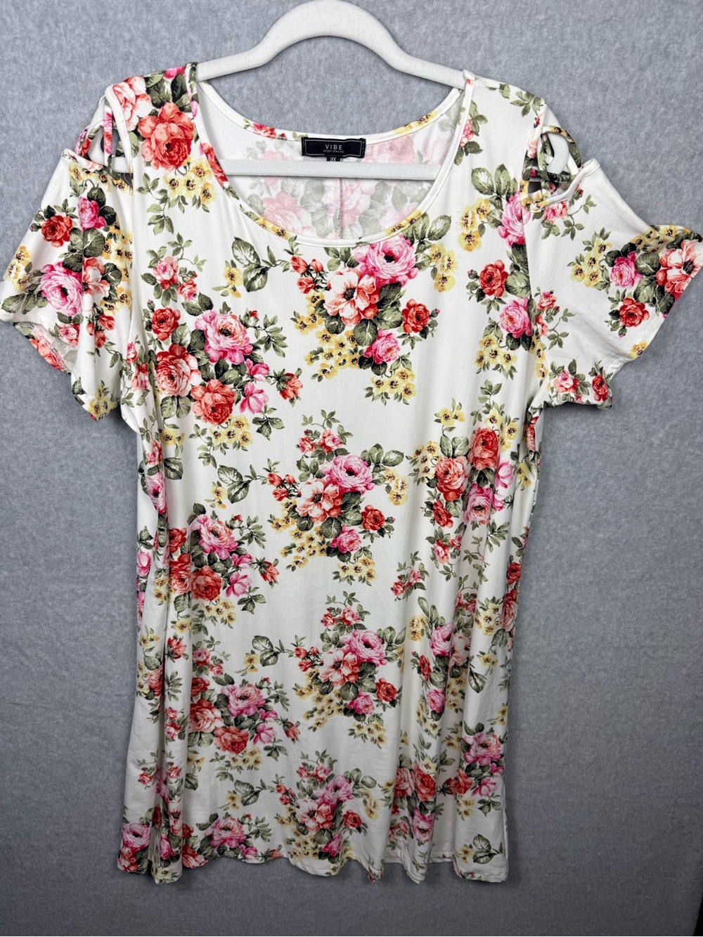 Vibe Sportswear 3X Floral Cold Shoulder Dress Ivory Pink Rose Criss Cross Sleeve